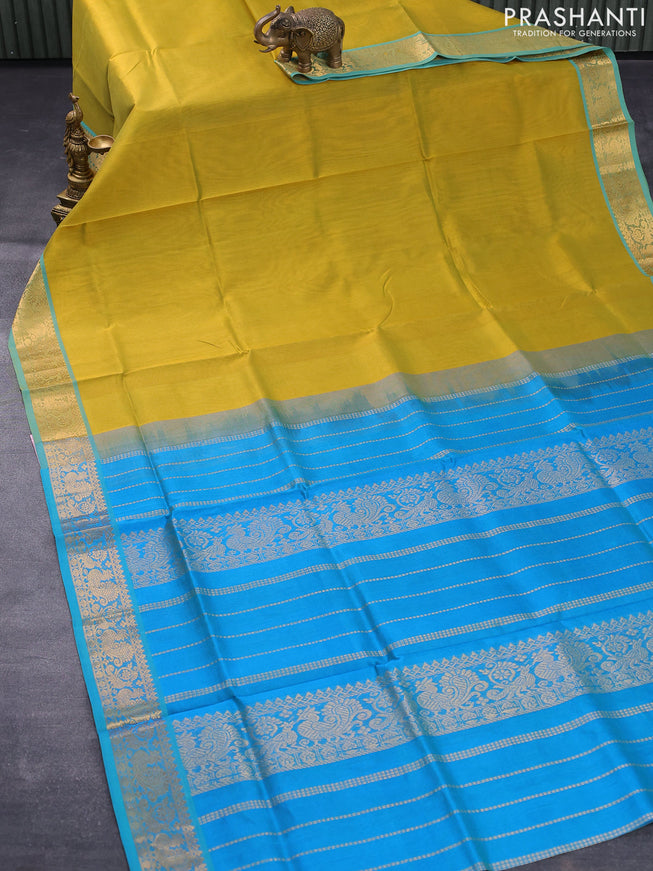 Silk cotton saree yellow and cs blue with plain body and annam zari woven border