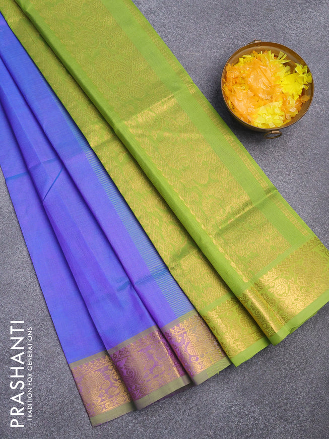 Silk cotton saree dual shade of violet and light green with plain body and annam zari woven border
