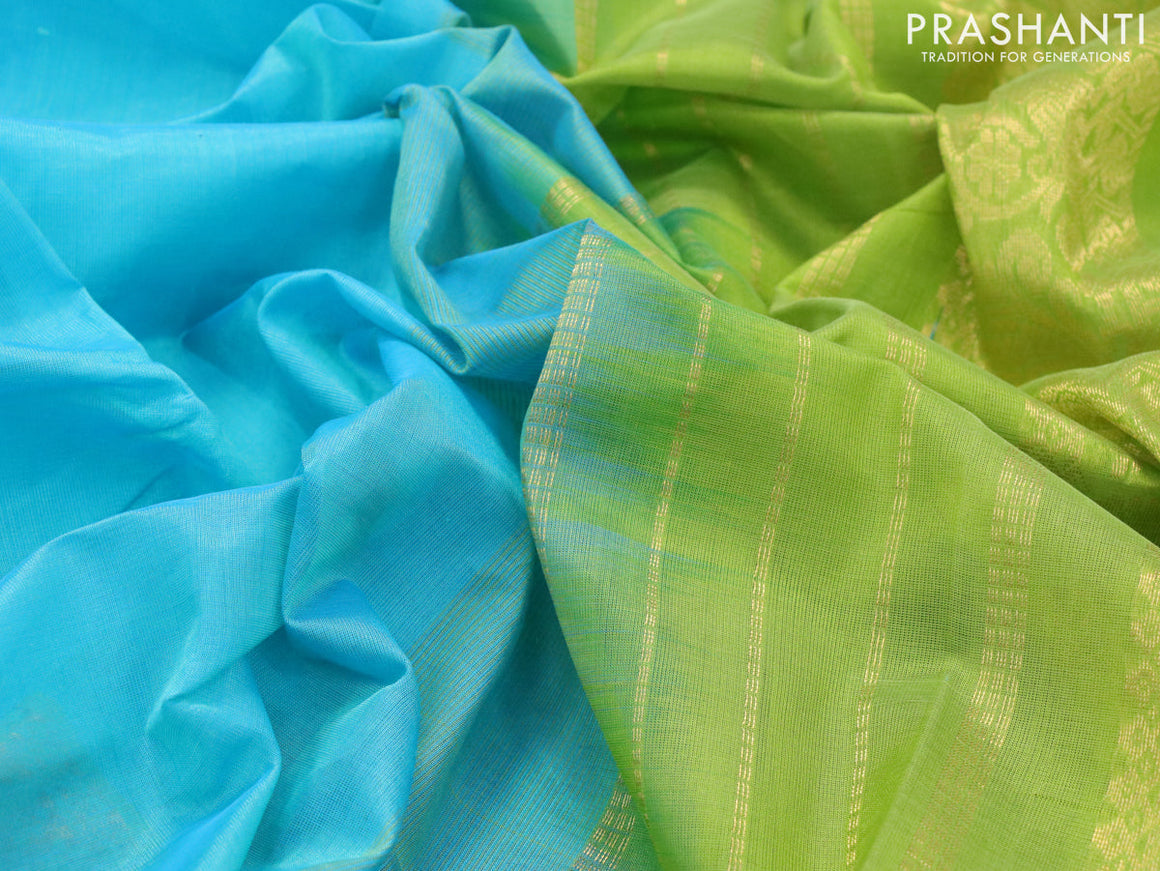 Silk cotton saree teal blue and light green with plain body and annam zari woven border