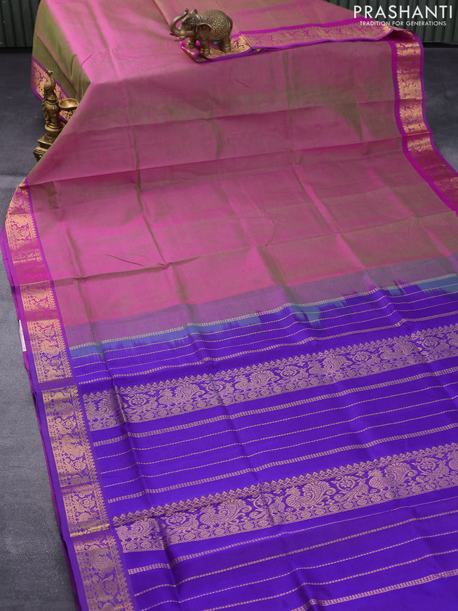 Silk cotton saree dual shade of pinkish green and blue with plain body and annam zari woven border
