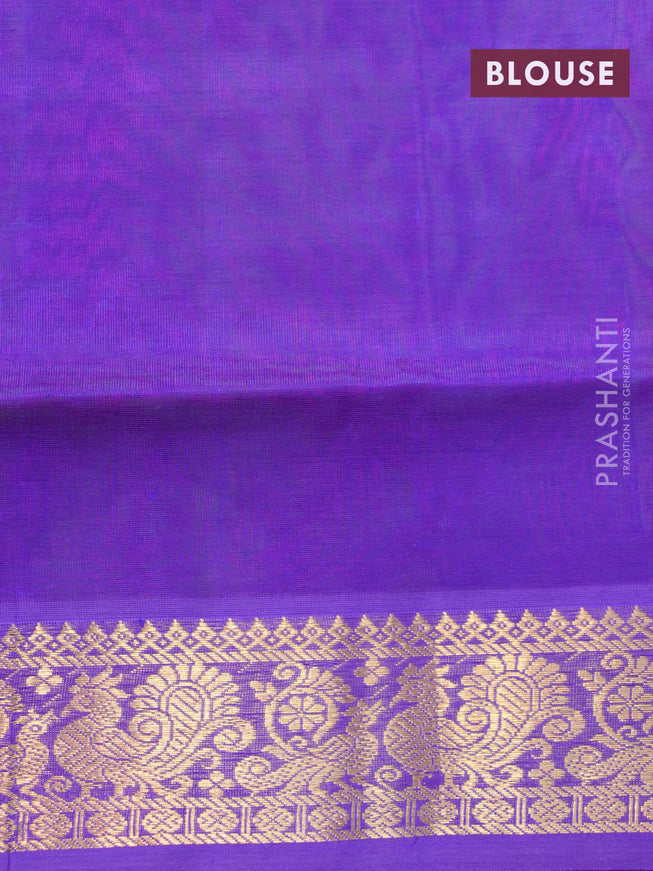 Silk cotton saree dual shade of pinkish green and blue with plain body and annam zari woven border