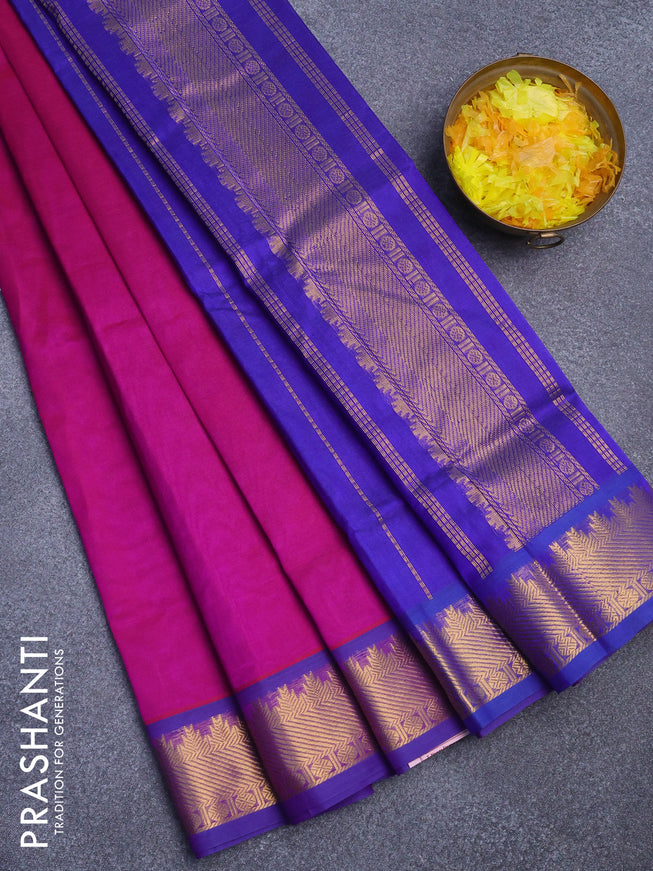 Silk cotton saree magenta pink and blue with plain body and zari woven border