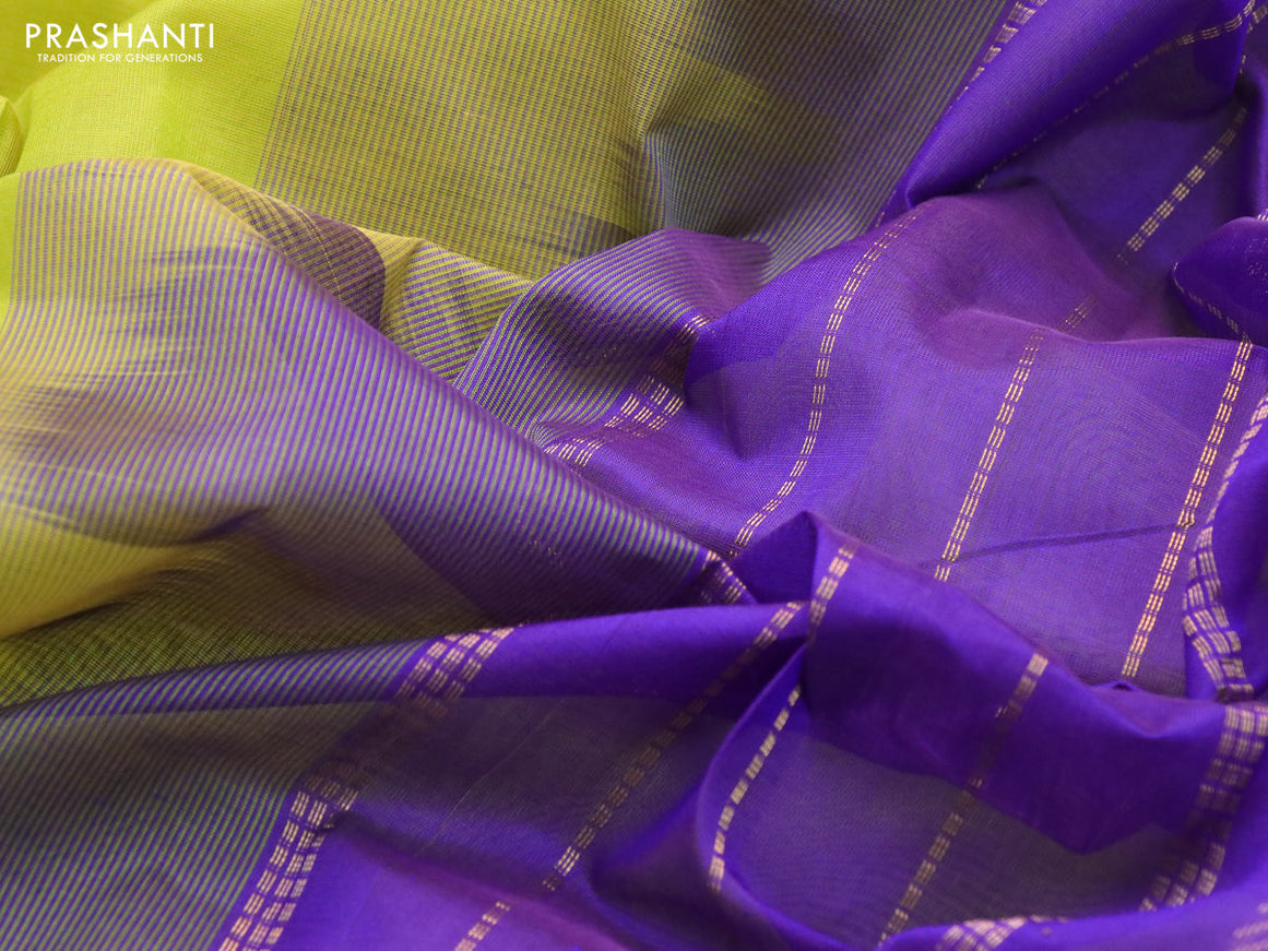 Silk cotton saree light green and blue with plain body and temple design zari woven border