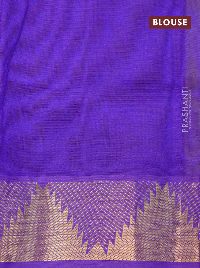Silk cotton saree light green and blue with plain body and temple design zari woven border