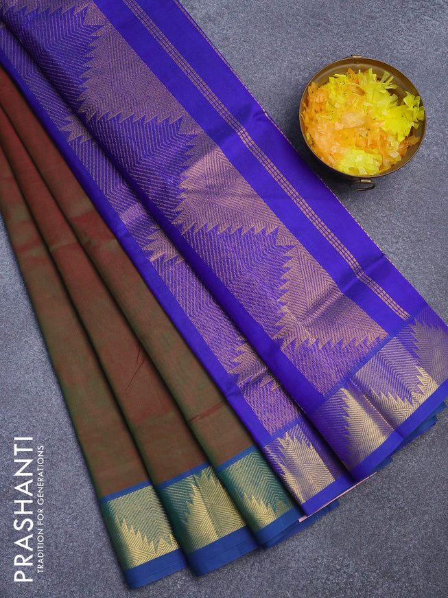 Silk cotton saree dual shade of greenish maroon and blue with plain body and temple design zari woven border