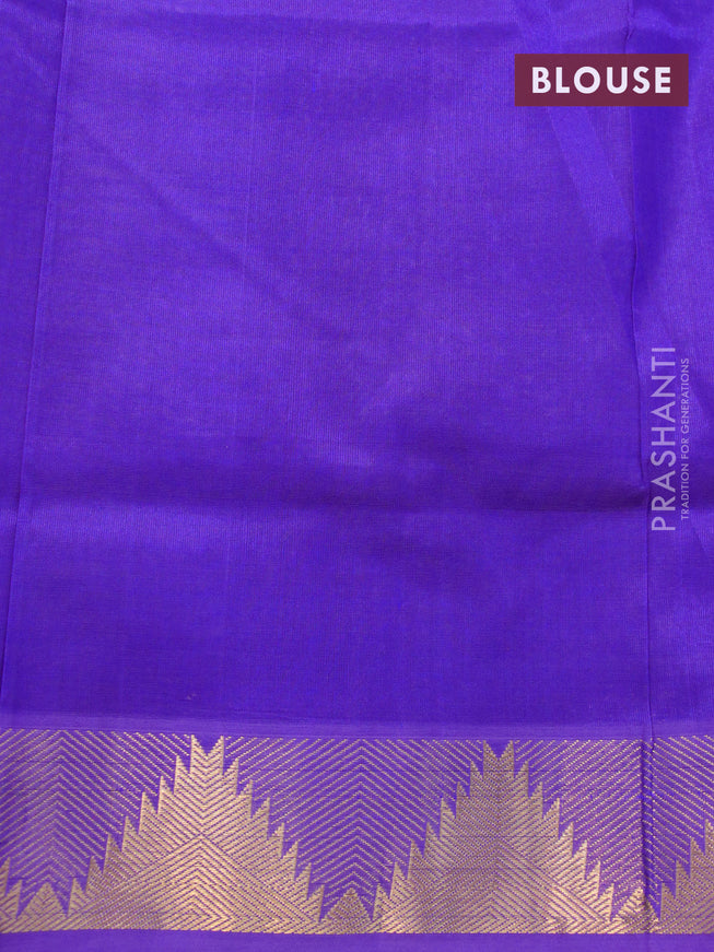 Silk cotton saree pale yellow and violet with plain body and temple design zari woven border