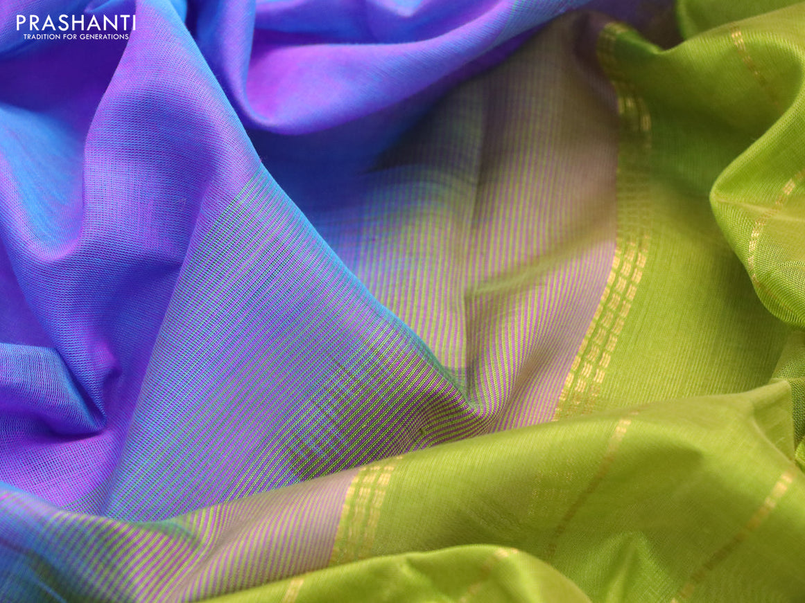 Silk cotton saree dual shade of lavender and light green with plain body and temple design zari woven border