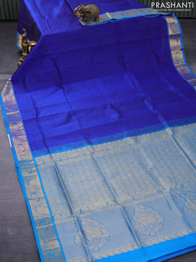 Silk cotton saree blue and cs blue with plain body and zari woven border