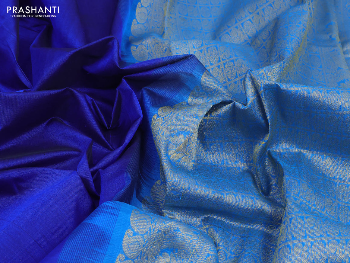 Silk cotton saree blue and cs blue with plain body and zari woven border