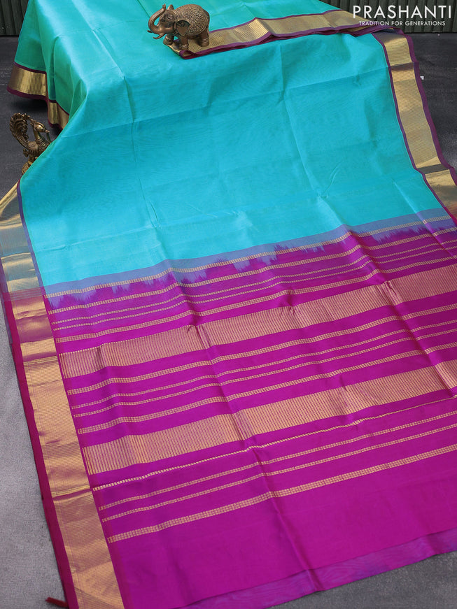 Silk cotton saree light blue and dual shade of purple with plain body and zari woven border