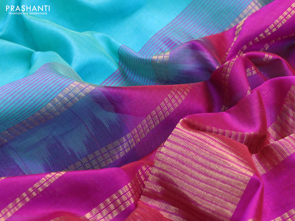 Silk cotton saree light blue and dual shade of purple with plain body and zari woven border
