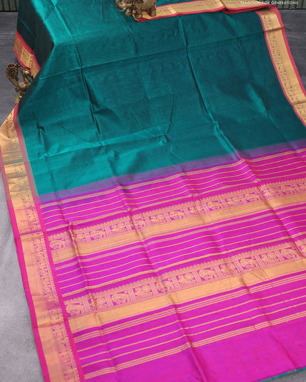 Silk cotton saree peacock green and dual shade of purple with plain body and zari woven border