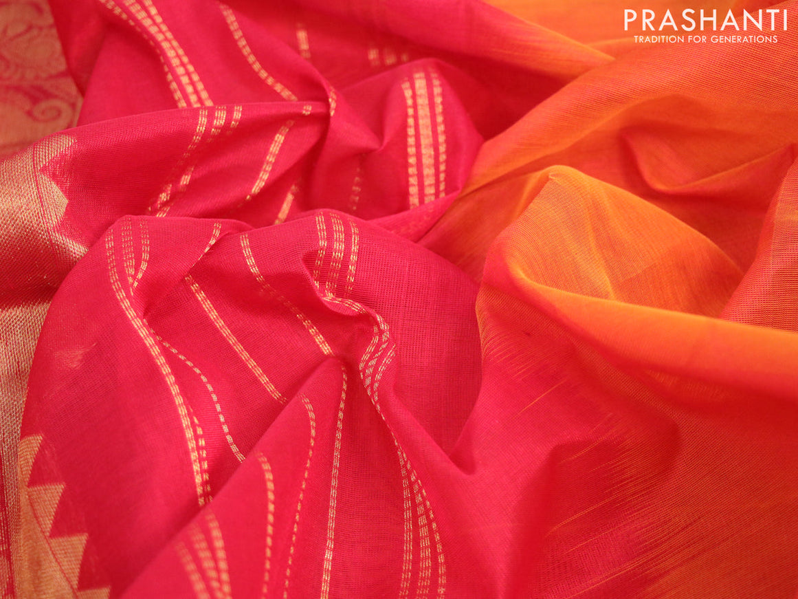 Silk cotton saree sunset orange and red with plain body and zari woven border