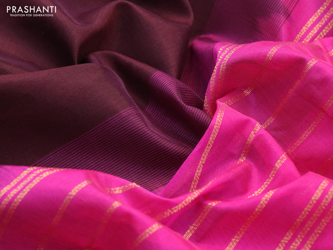 Silk cotton saree deep brown and magenta pink with plain body and zari woven border