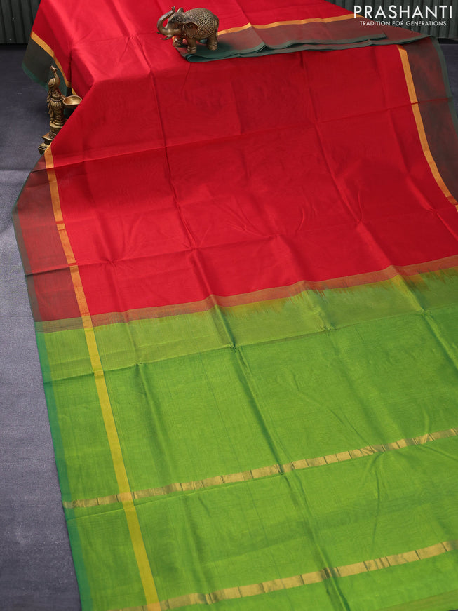 Silk cotton saree red and light green with plain body and zari woven simple border