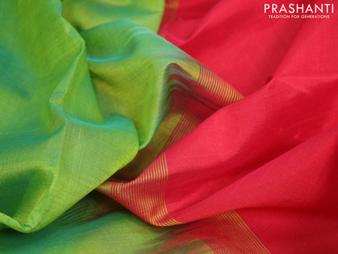 Silk cotton saree red and light green with plain body and zari woven simple border