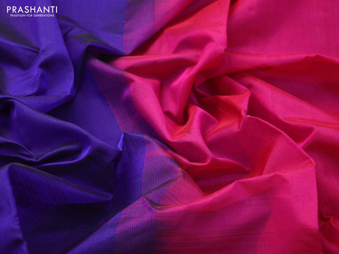 Silk cotton saree blue and magenta pink with plain body and zari woven simple border