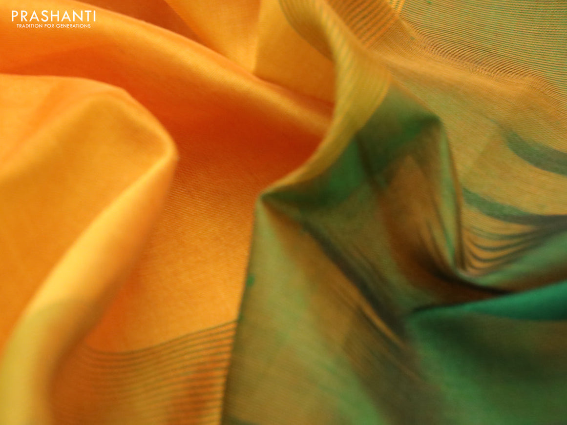 Silk cotton saree mango yellow and green with plain body and zari woven simple border