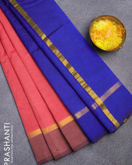 Silk cotton saree pink shade and blue with plain body and zari woven simple border