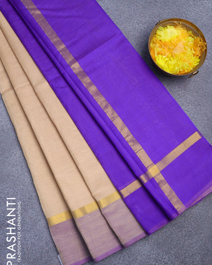 Silk cotton saree sandal and violet with plain body and zari woven simple border