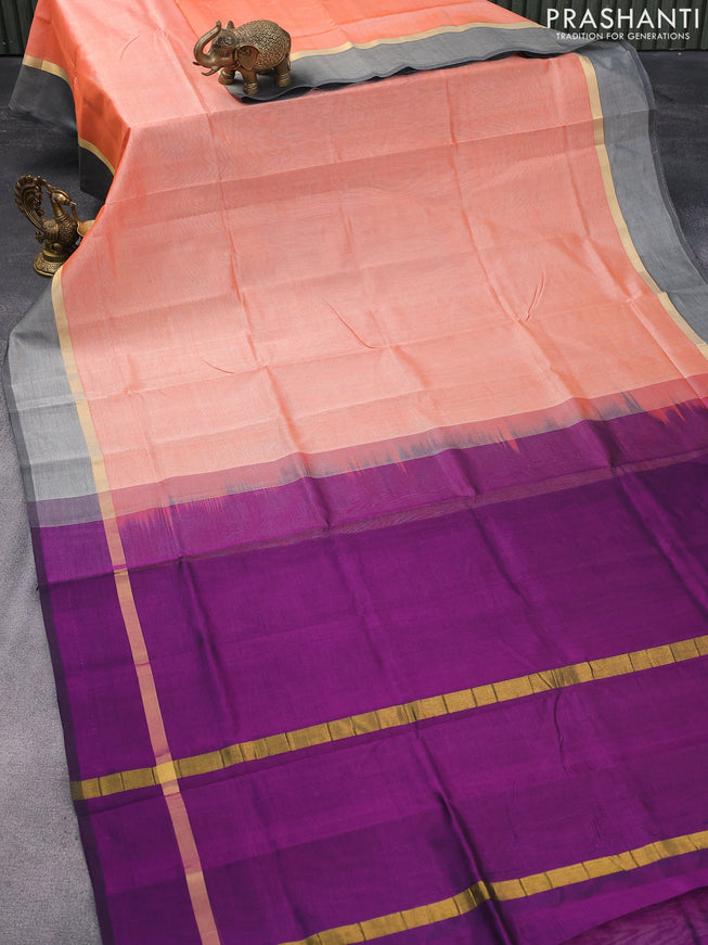 Silk cotton saree peach orange and deep purple with plain body and zari woven simple border