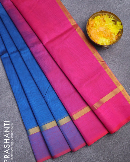 Silk cotton saree peacock blue and pink with plain body and zari woven simple border