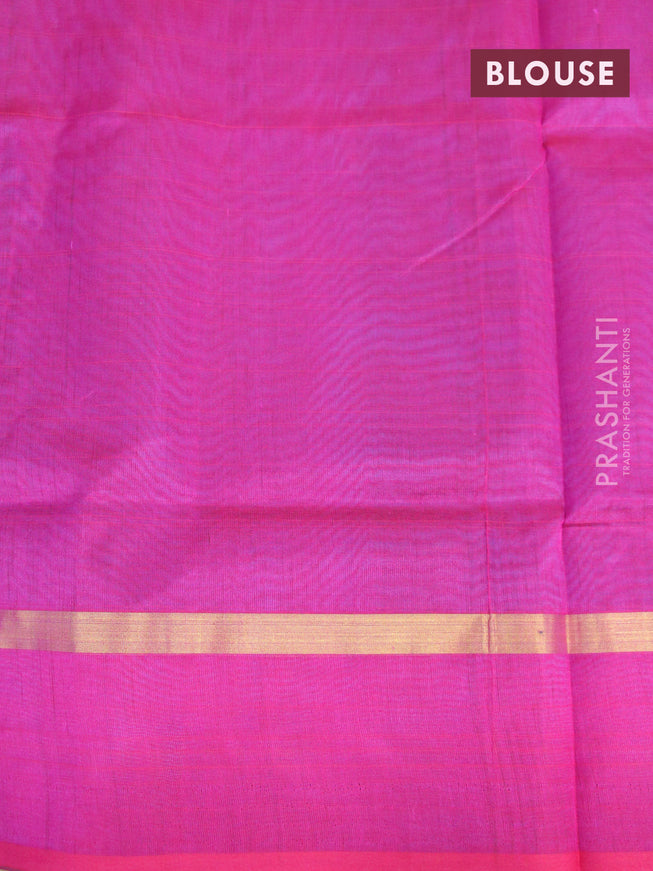 Silk cotton saree peacock blue and pink with plain body and zari woven simple border