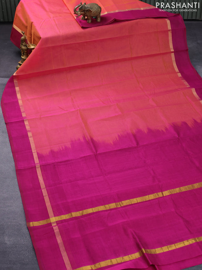 Silk cotton saree dual shade of pinkish yellow and magenta pink with plain body and zari woven simple border