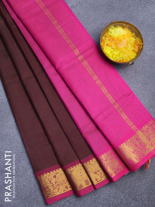 Silk cotton saree brown and magenta pink with allover vairaosi pattern and zari woven border