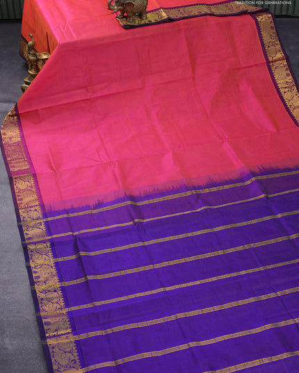 Silk cotton saree dual shade of pinkish orange and blue with allover vairaosi pattern and zari woven border
