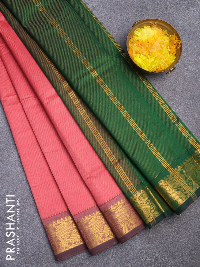 Silk cotton saree pink shade and bottle green with allover vairaosi pattern and zari woven border