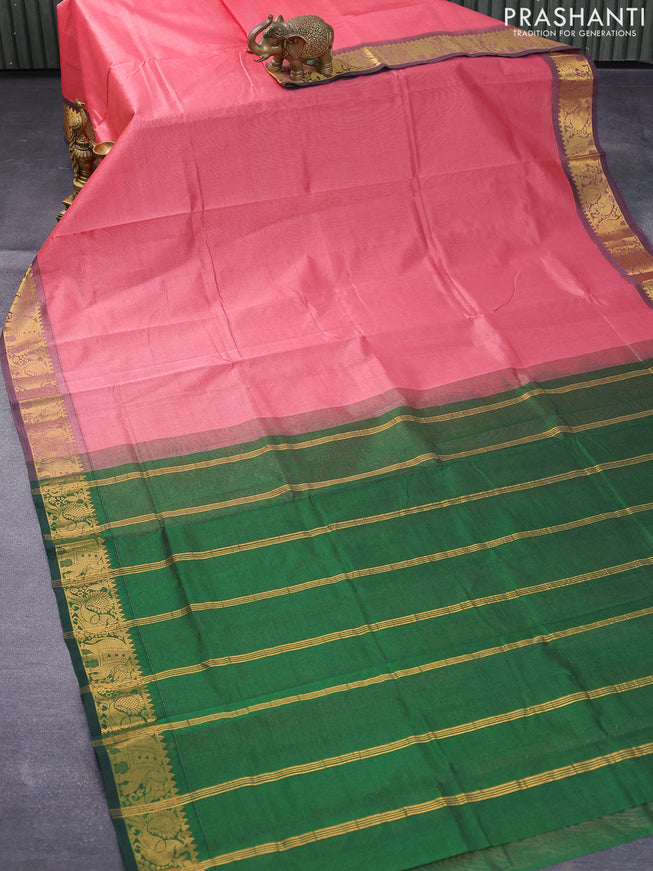 Silk cotton saree pink shade and bottle green with allover vairaosi pattern and zari woven border