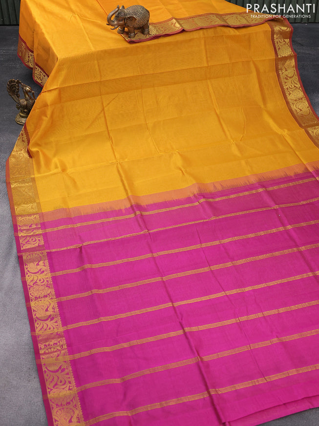 Silk cotton saree mustard yellow and magenta pink with allover vairaosi pattern and zari woven border