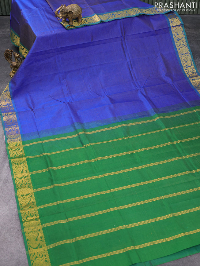 Silk cotton saree blue and green with allover vairaosi pattern and zari woven border