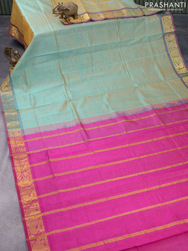 Silk cotton saree dual shade of teal blue and magenta pink with allover vairaosi pattern and zari woven border