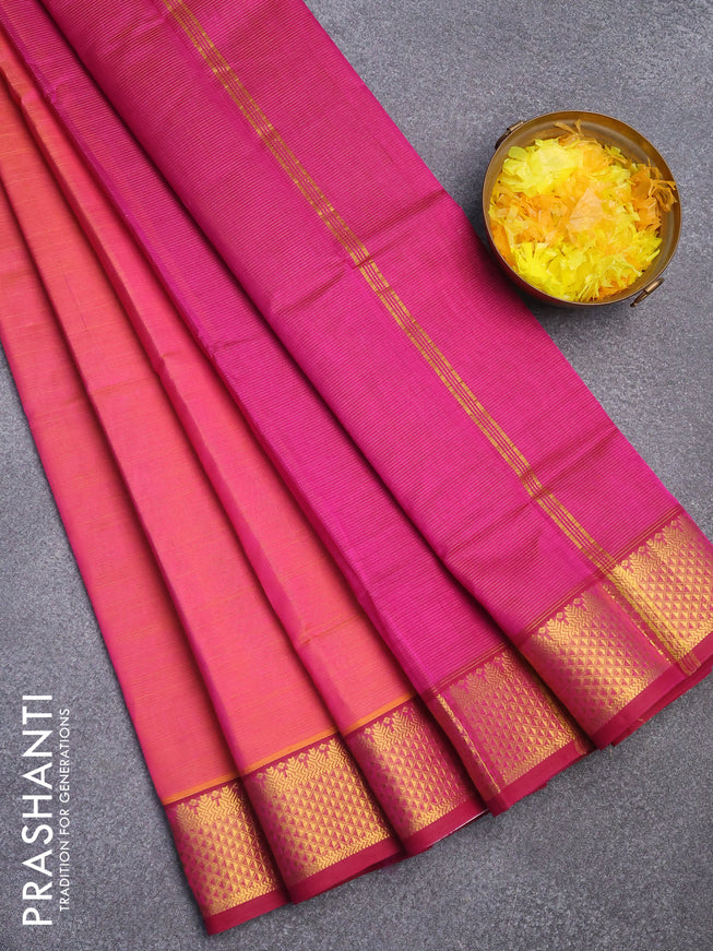 Silk cotton saree dual shade of pinkish orange and magenta pink with allover vairaosi pattern and zari woven border