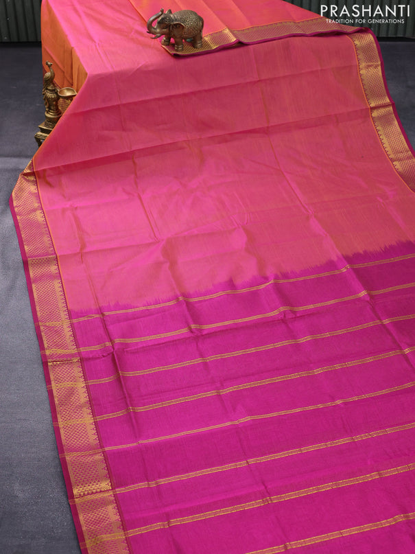 Silk cotton saree dual shade of pinkish orange and magenta pink with allover vairaosi pattern and zari woven border