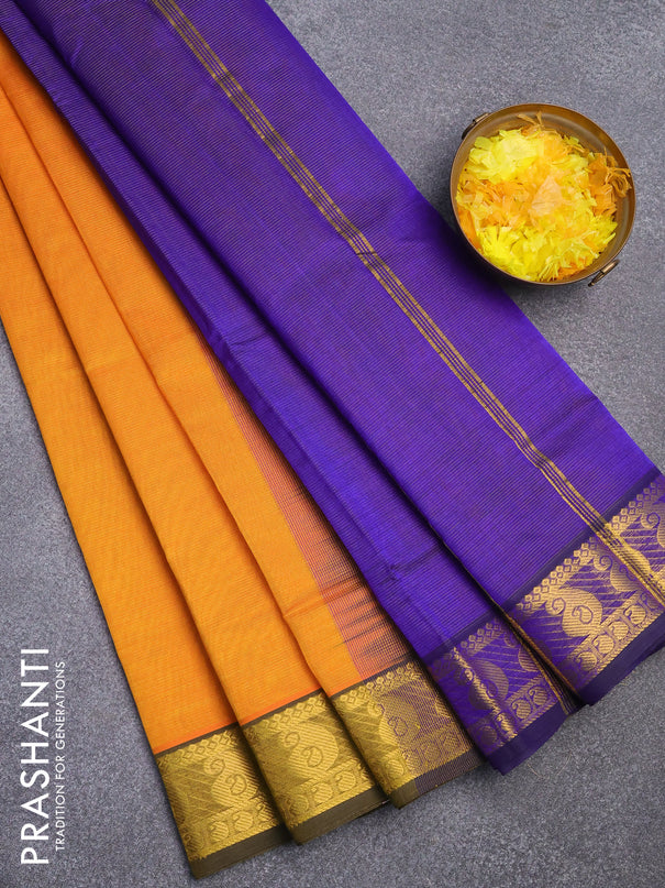 Silk cotton saree mustard yellow and blue with allover vairaosi pattern and zari woven border