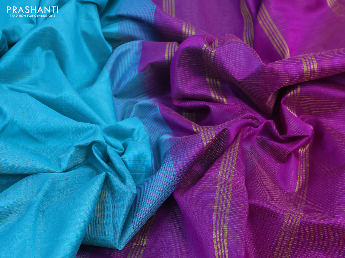 Silk cotton saree teal blue and purple with allover vairaosi pattern and zari woven border