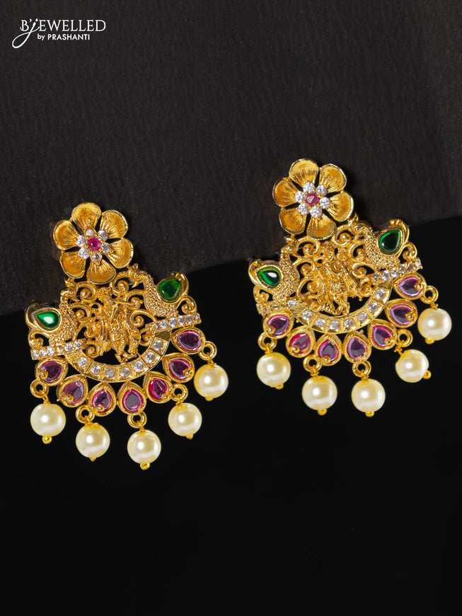 Antique earring krishna design kemp & cz stones with pearl hangings - {{ collection.title }} by Prashanti Sarees
