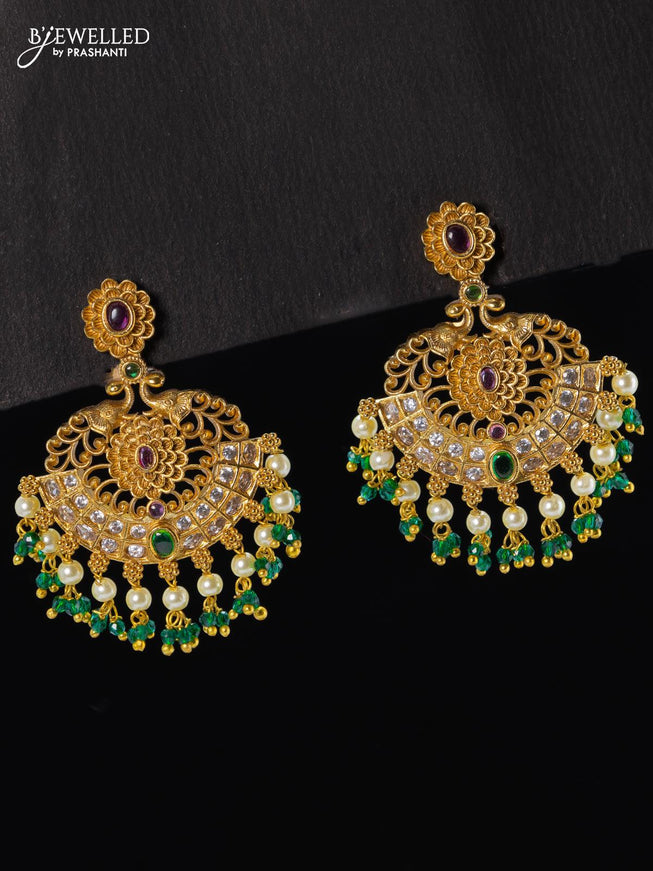 Antique earring peacock design kemp & cz stones with green beads hangings - {{ collection.title }} by Prashanti Sarees