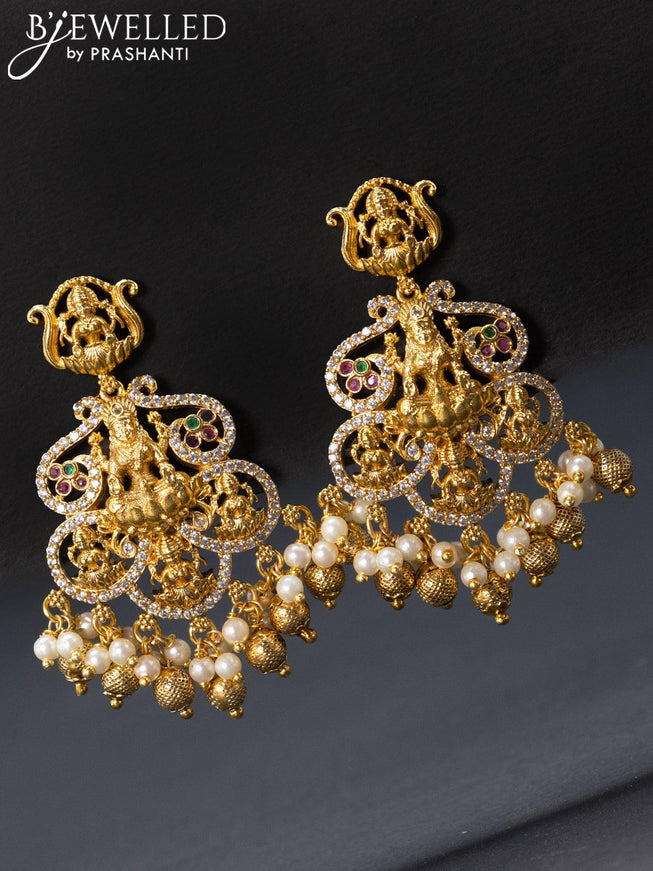 Antique earrings lakshmi design kemp and cz stones with pearl hangings - {{ collection.title }} by Prashanti Sarees