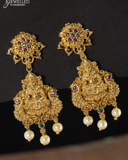 Antique earrings lakshmi design with kemp stone and pearl hangings - {{ collection.title }} by Prashanti Sarees