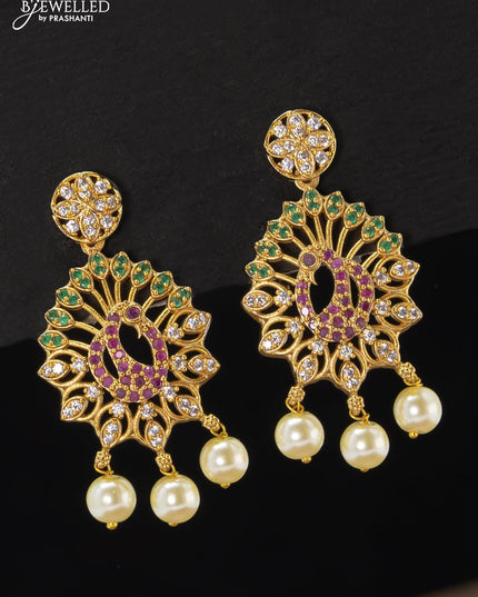 Antique earrings peacock design kemp and cz stones with pearl hangings - {{ collection.title }} by Prashanti Sarees