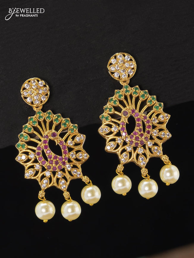 Antique earrings peacock design kemp and cz stones with pearl hangings - {{ collection.title }} by Prashanti Sarees