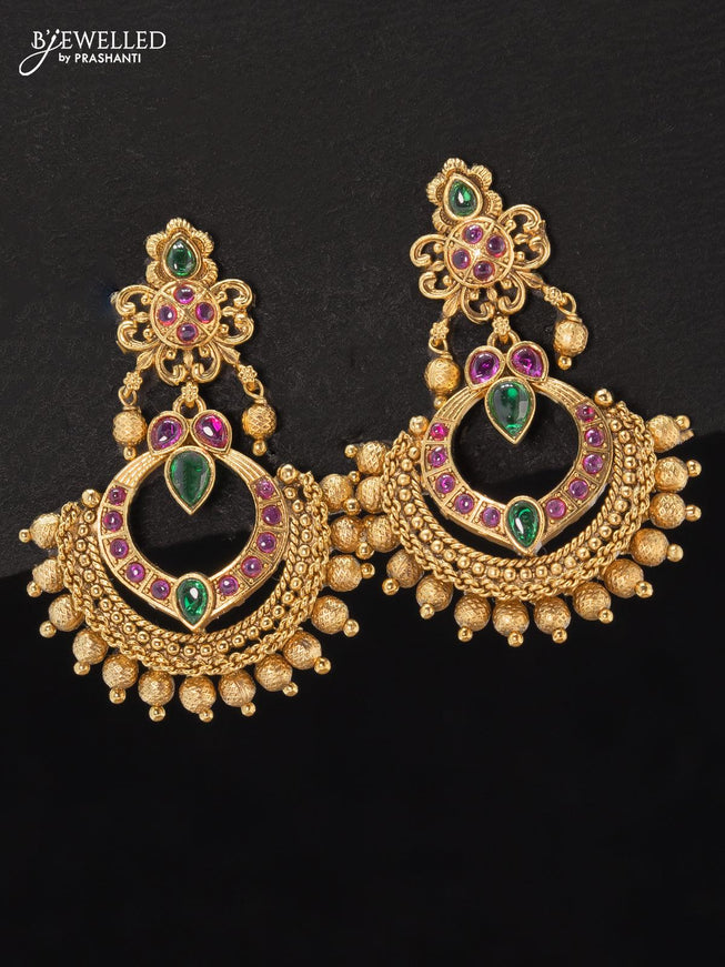 Antique earrings with kemp stone and golden beads hangings - {{ collection.title }} by Prashanti Sarees