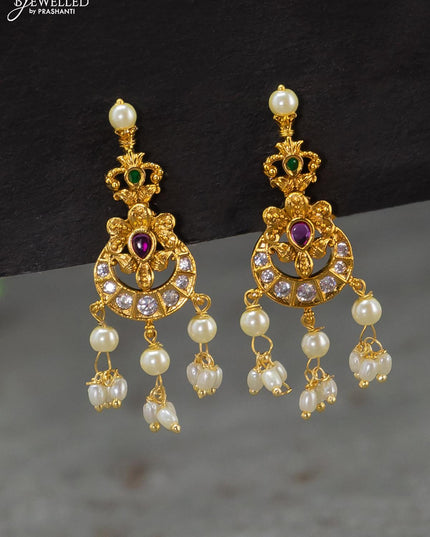 Antique guttapusalu necklace kemp & cz stones with chandbali pendant and pearl hangings - {{ collection.title }} by Prashanti Sarees