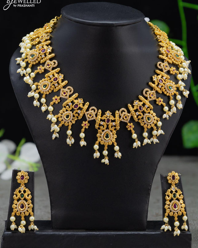 Antique guttapusalu necklace kemp and cz stones with pearl hangings - {{ collection.title }} by Prashanti Sarees