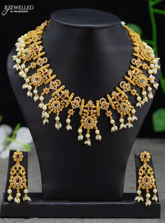 Antique guttapusalu necklace kemp and cz stones with pearl hangings - {{ collection.title }} by Prashanti Sarees