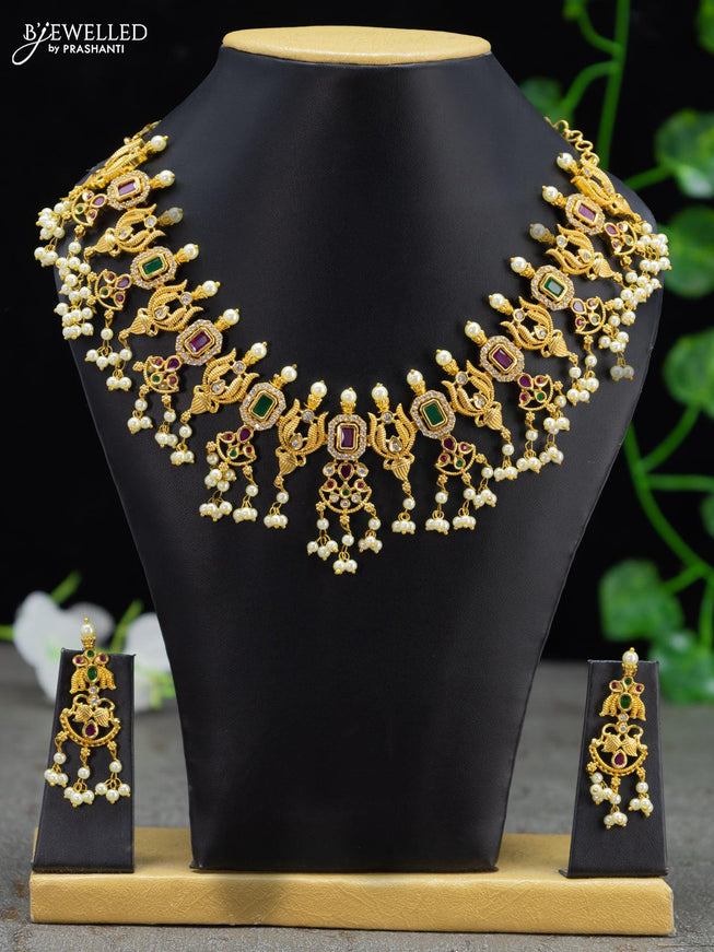 Antique guttapusalu necklace kemp and cz stones with pearl hangings - {{ collection.title }} by Prashanti Sarees